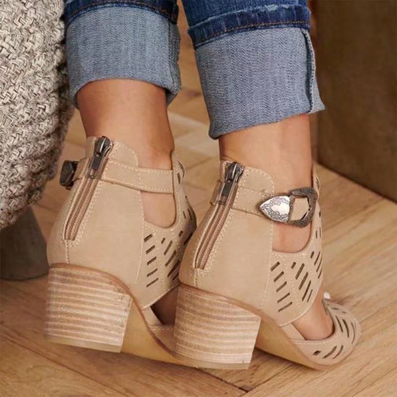 Block Heel Cutout Back Zipper Buckle Sandals