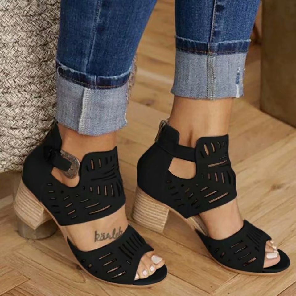 Block Heel Cutout Back Zipper Buckle Sandals