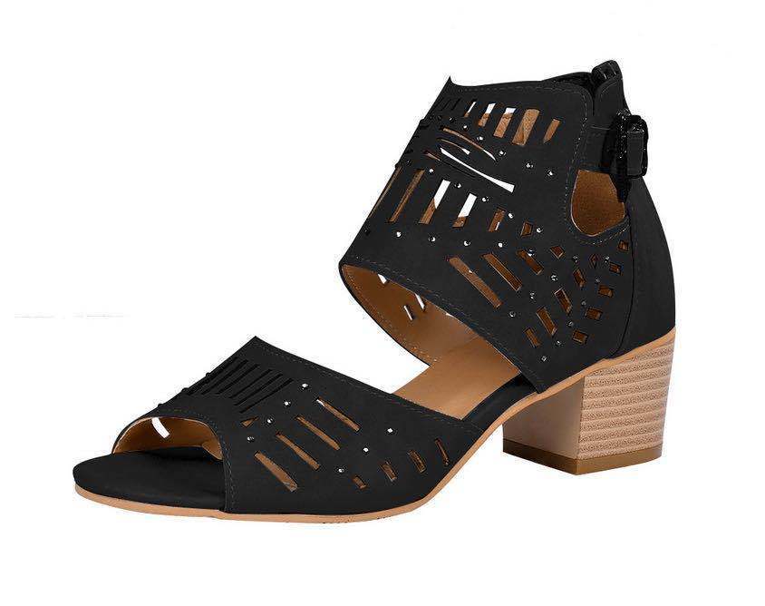 Block Heel Cutout Back Zipper Buckle Sandals