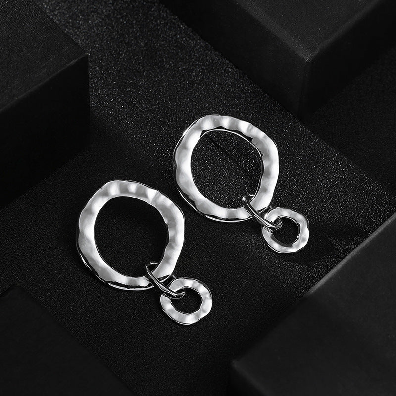 Simple Geometric Asymmetric Ring Fine Silver Needle Earrings