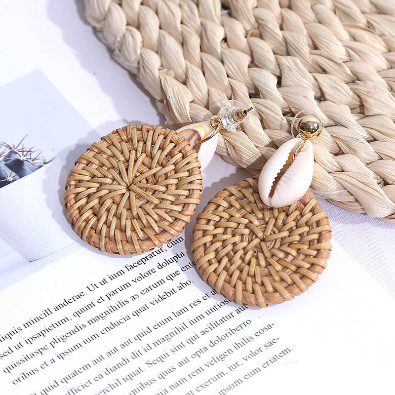 Handmade Geometric Shell Rattan Woven Earrings