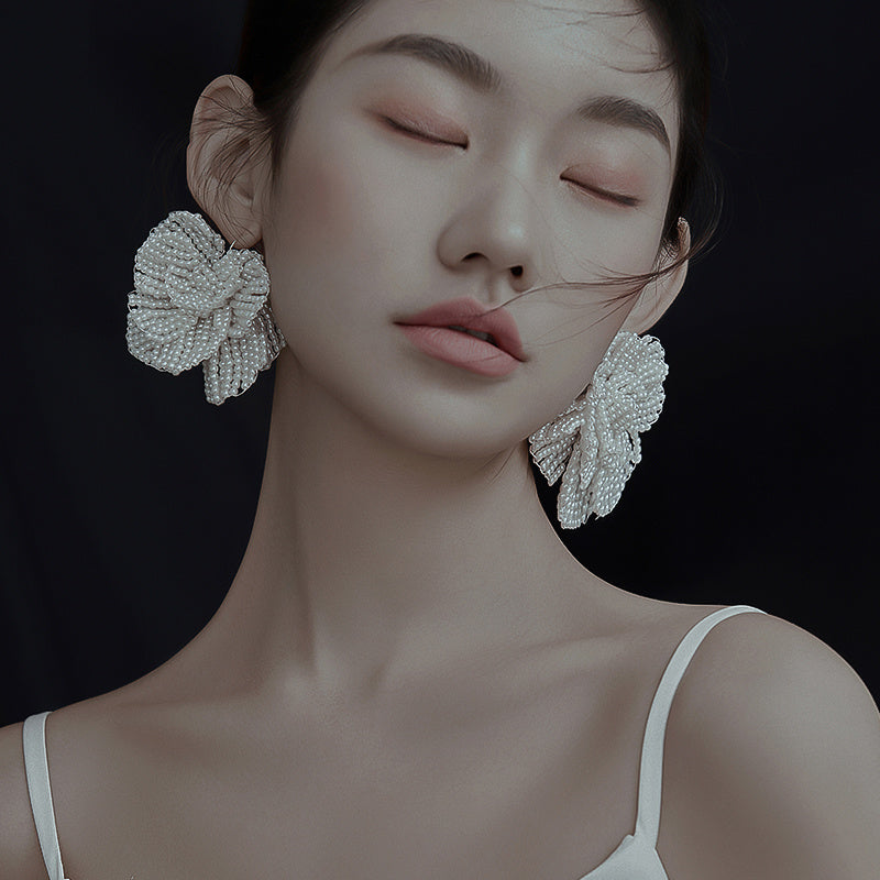 Bridal Beautiful Flowers Handmade Beaded Pearl Earrings