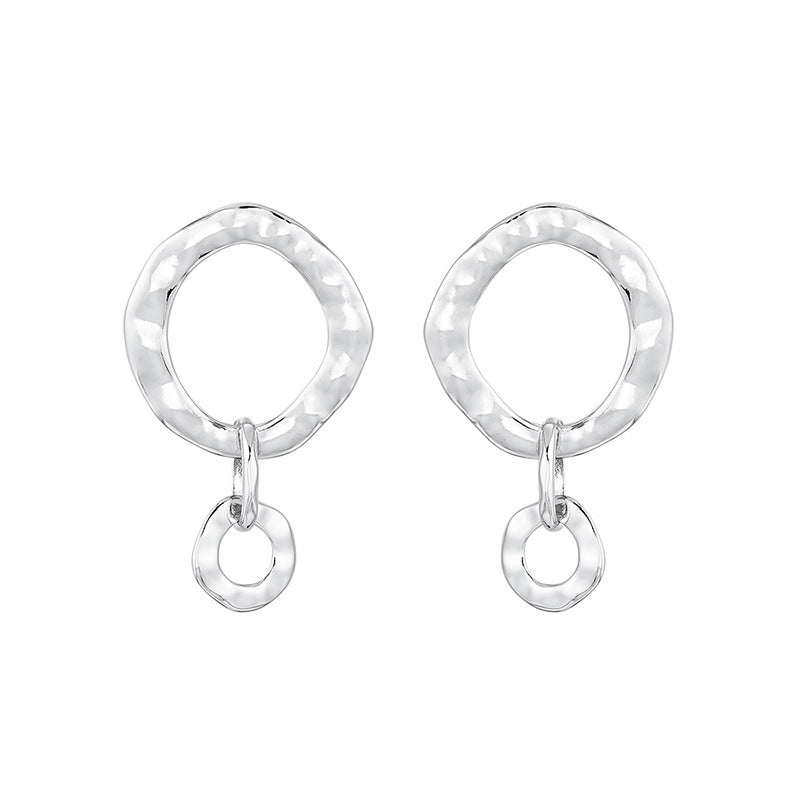 Simple Geometric Asymmetric Ring Fine Silver Needle Earrings