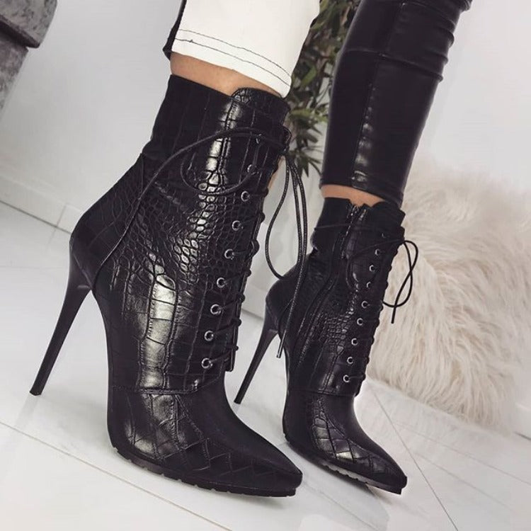 Snake Print Lace-up Sexy Pointed-toe Women's Boots
