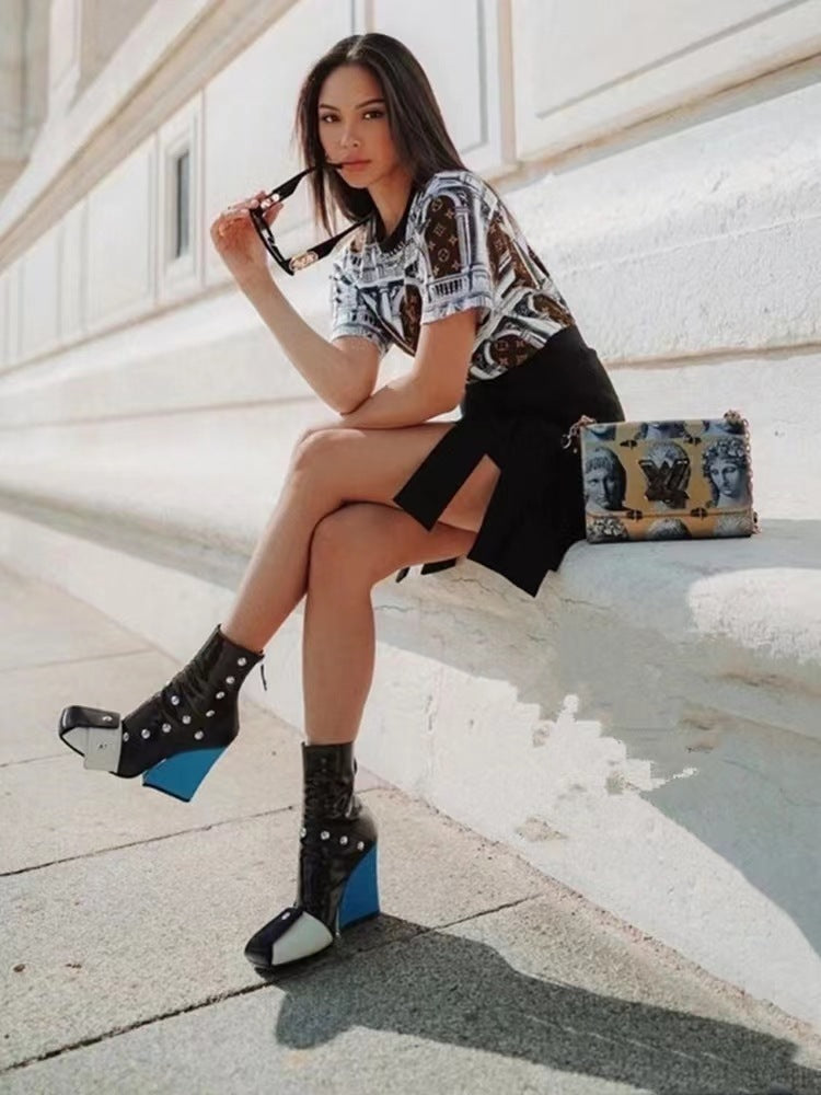 Color Matching Studded Wedge Heel
