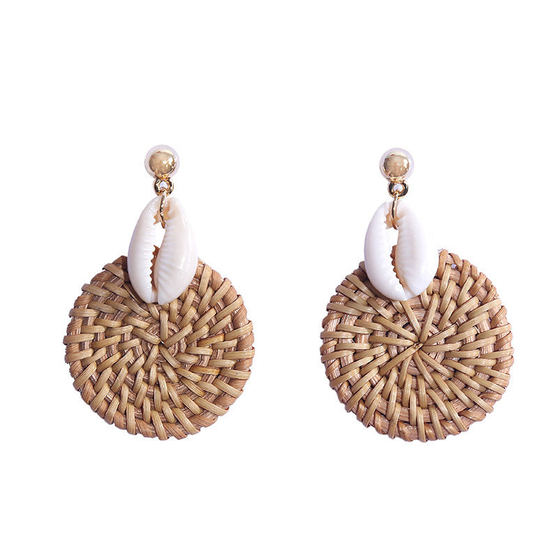 Handmade Geometric Shell Rattan Woven Earrings