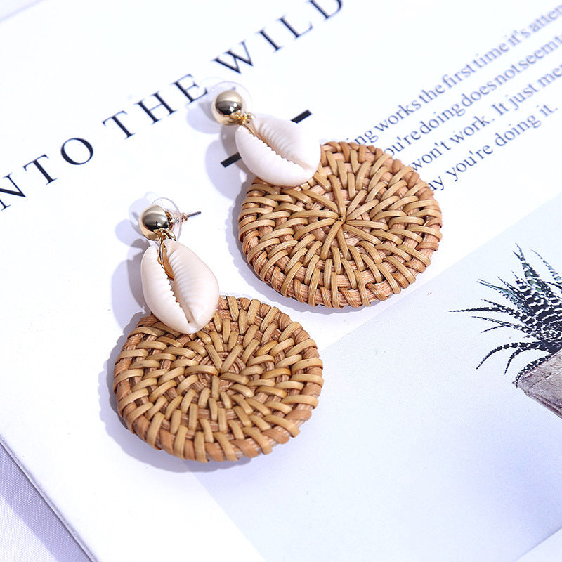 Handmade Geometric Shell Rattan Woven Earrings