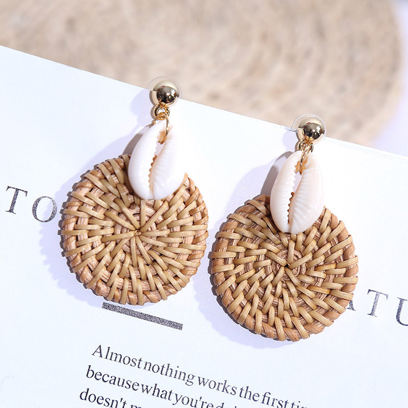 Handmade Geometric Shell Rattan Woven Earrings