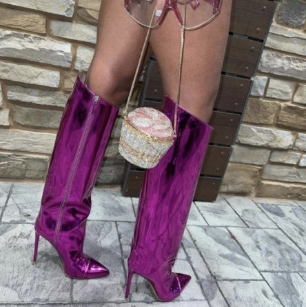 Women's High Heel Pointed Toe Symphony Patent Leather Knee Boots