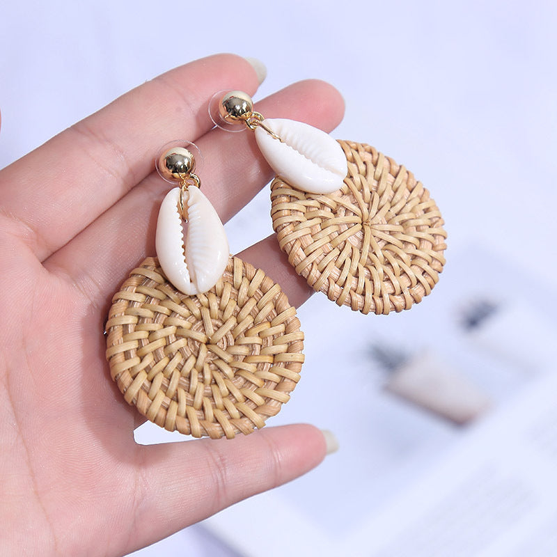 Handmade Geometric Shell Rattan Woven Earrings