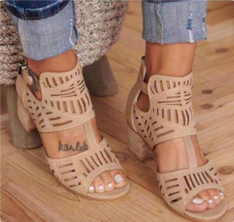 Block Heel Cutout Back Zipper Buckle Sandals
