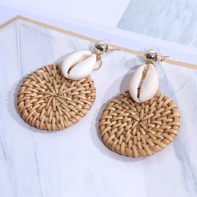 Handmade Geometric Shell Rattan Woven Earrings