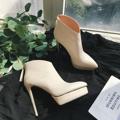 Autumn And Winter New Stiletto High-heeled Platform Leather Ankle Boots