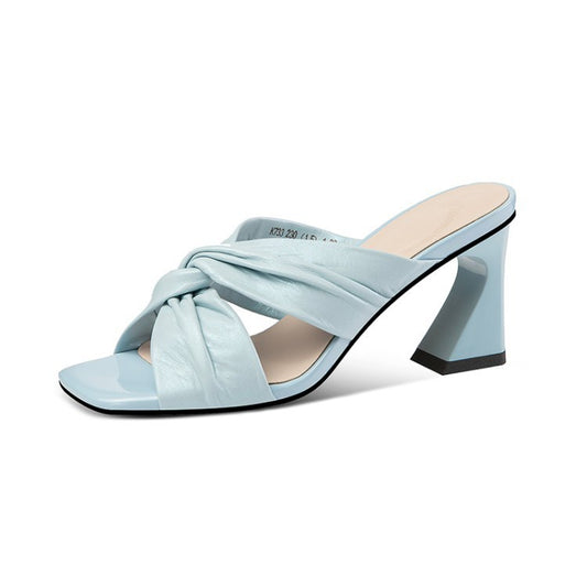 Cross Pleated Sheepskin Square Toe Block Heel