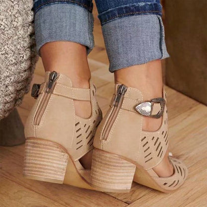 Block Heel Cutout Back Zipper Buckle Sandals