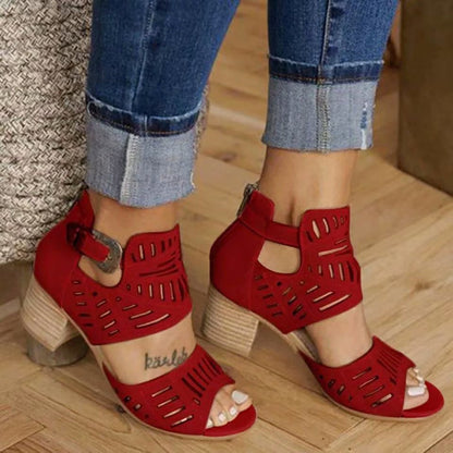 Block Heel Cutout Back Zipper Buckle Sandals