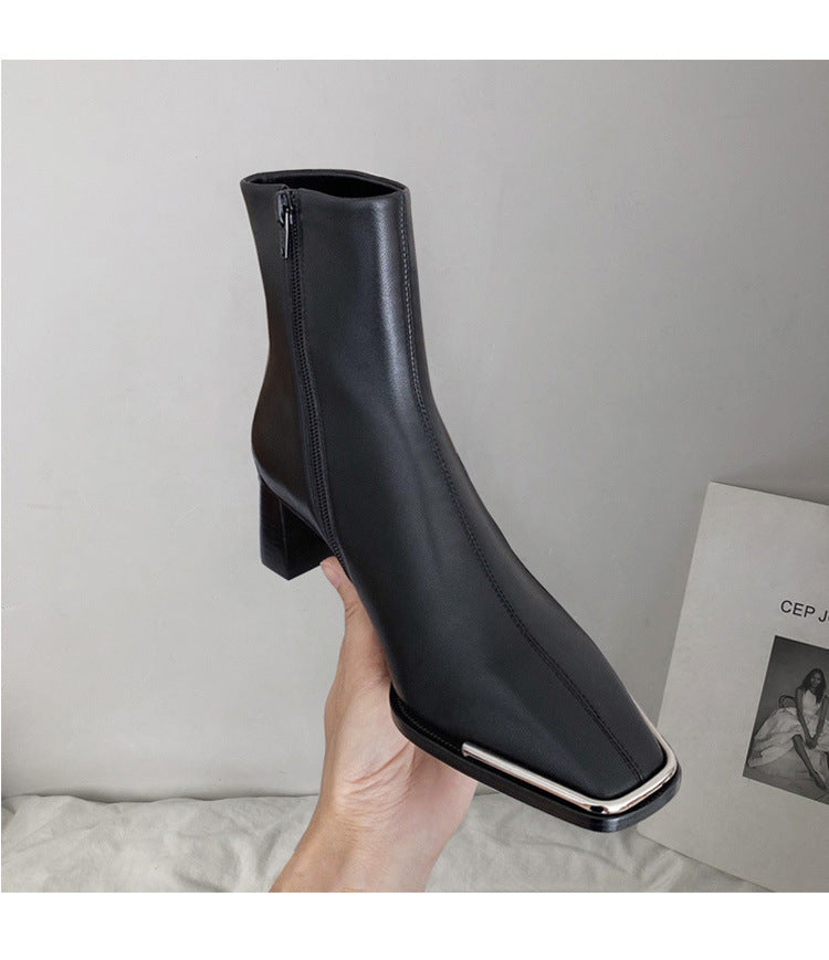 All-leather Square-Toe Zipper Thick Heel Single Boot Ankle Boots