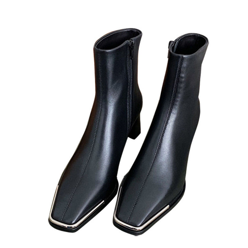 All-leather Square-Toe Zipper Thick Heel Single Boot Ankle Boots