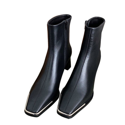 All-leather Square-Toe Zipper Thick Heel Single Boot Ankle Boots