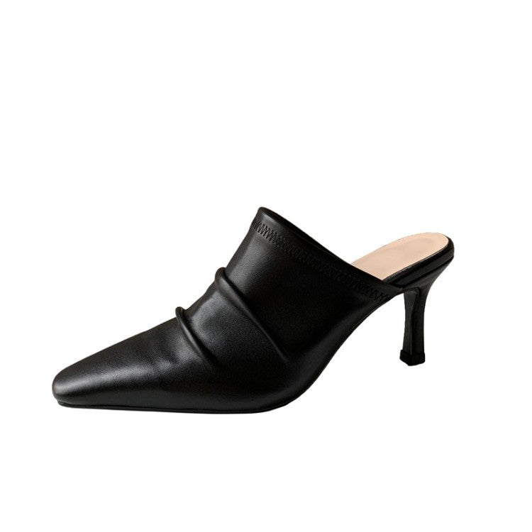 Cowhide Closed Toe Pleated Thin Heel Shoes