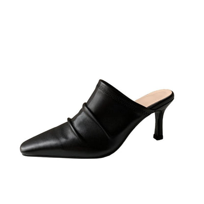 Cowhide Closed Toe Pleated Thin Heel Shoes