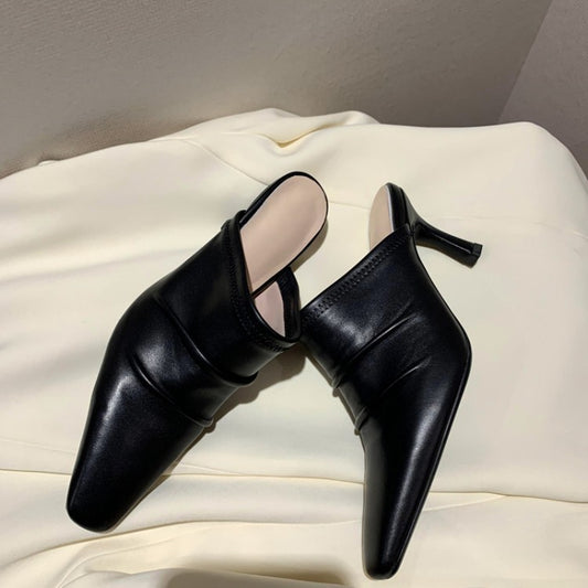 Cowhide Closed Toe Pleated Thin Heel Shoes