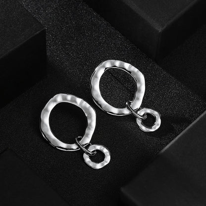 Simple Geometric Asymmetric Ring Fine Silver Needle Earrings