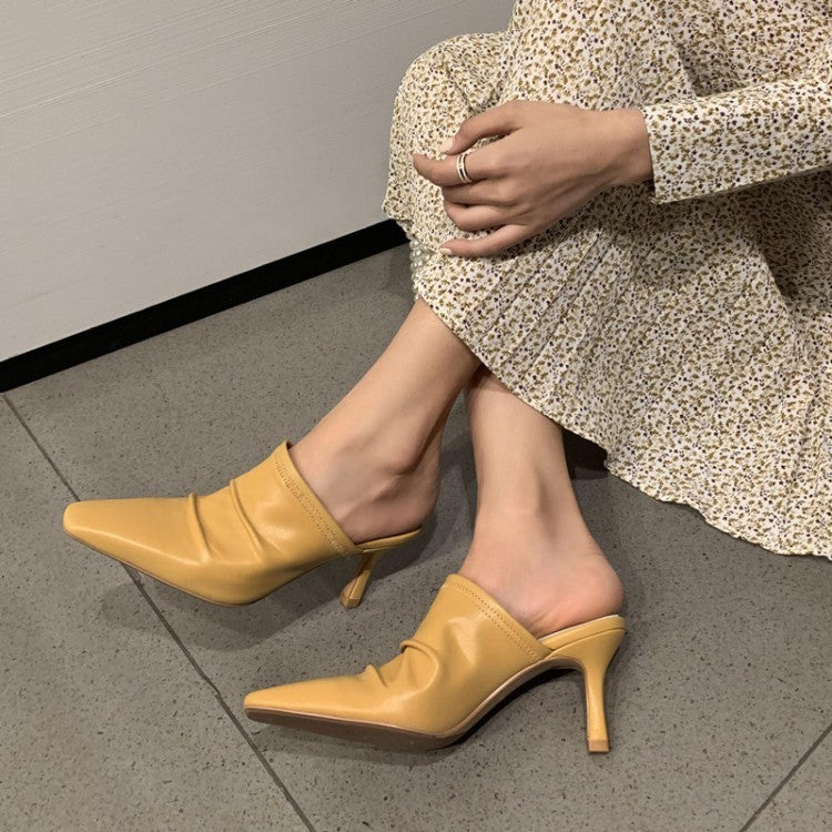 Cowhide Closed Toe Pleated Thin Heel Shoes