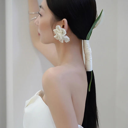 Bridal Beautiful Flowers Handmade Beaded Pearl Earrings