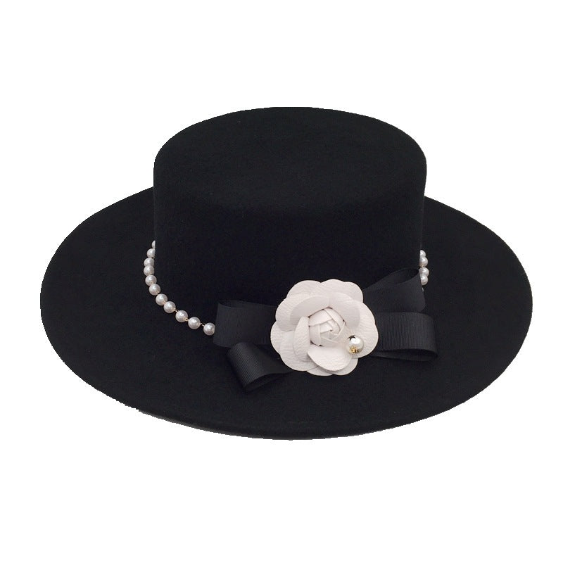 Fashion Black Pearl Flower Flat Top Hat