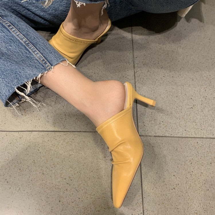 Cowhide Closed Toe Pleated Thin Heel Shoes
