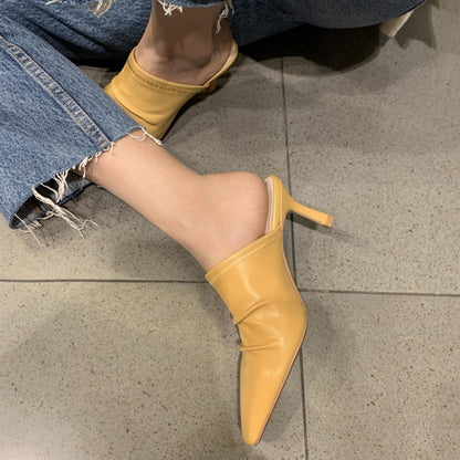 Cowhide Closed Toe Pleated Thin Heel Shoes