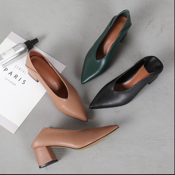 Vintage Pointed Deep V-mouth Women's Thick Heel High Heel Shoes