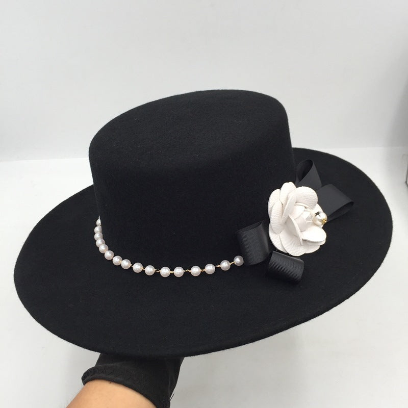 Fashion Black Pearl Flower Flat Top Hat
