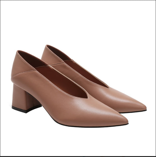 Vintage Pointed Deep V-mouth Women's Thick Heel High Heel Shoes