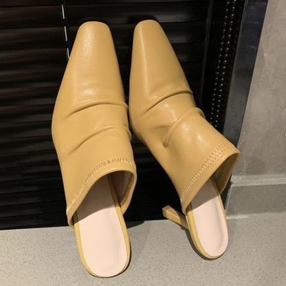 Cowhide Closed Toe Pleated Thin Heel Shoes