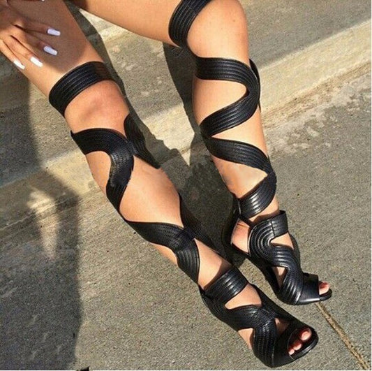 Long Stiletto Peep Toe Shoes S-type Thick Strap Sandal