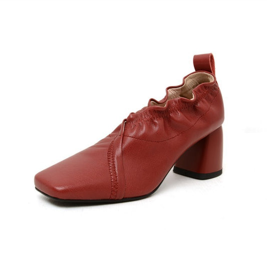 Inside And Outside All Women's Shoes Thick Heel Square Toe Elastic Deep-mouth Single Shoes