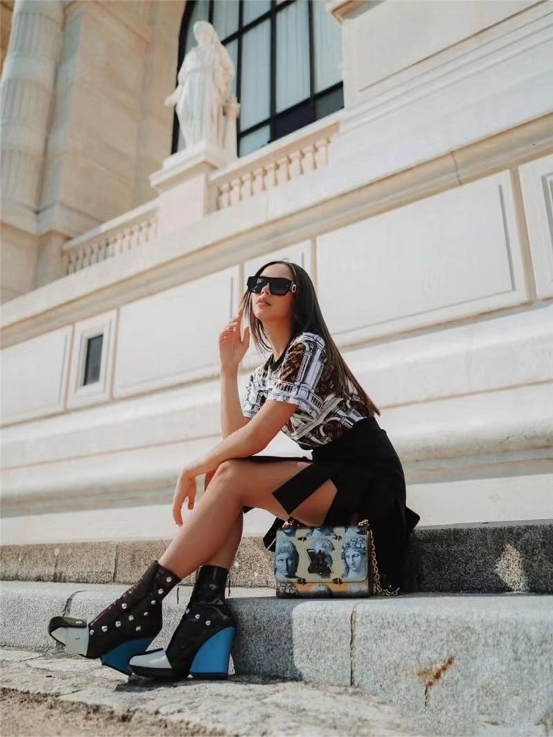 Color Matching Studded Wedge Heel