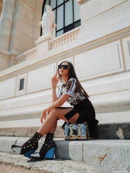 Color Matching Studded Wedge Heel