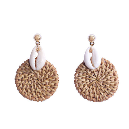 Handmade Geometric Shell Rattan Woven Earrings