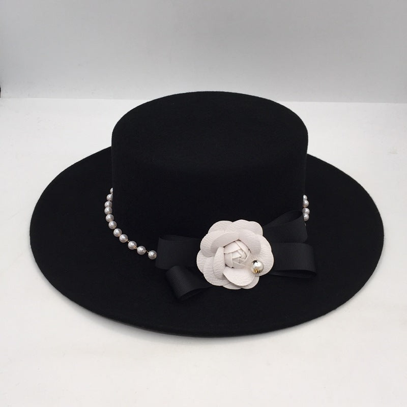 Fashion Black Pearl Flower Flat Top Hat