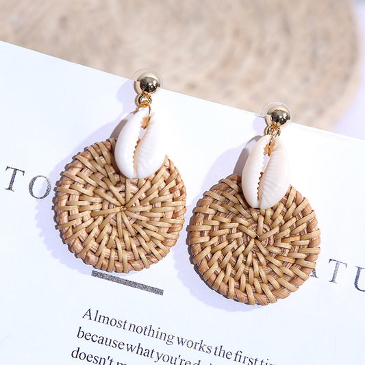 Handmade Geometric Shell Rattan Woven Earrings