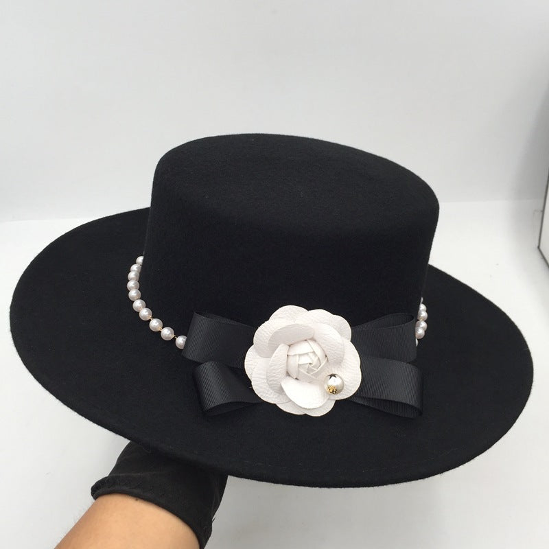 Fashion Black Pearl Flower Flat Top Hat