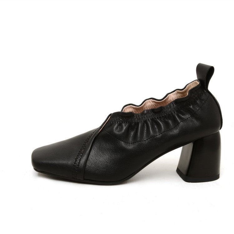 Inside And Outside All Women's Shoes Thick Heel Square Toe Elastic Deep-mouth Single Shoes