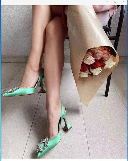 Glittering Rhinestone Satin Wine Glass Heel Shoes Baotou Slippers