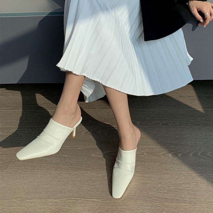 Cowhide Closed Toe Pleated Thin Heel Shoes