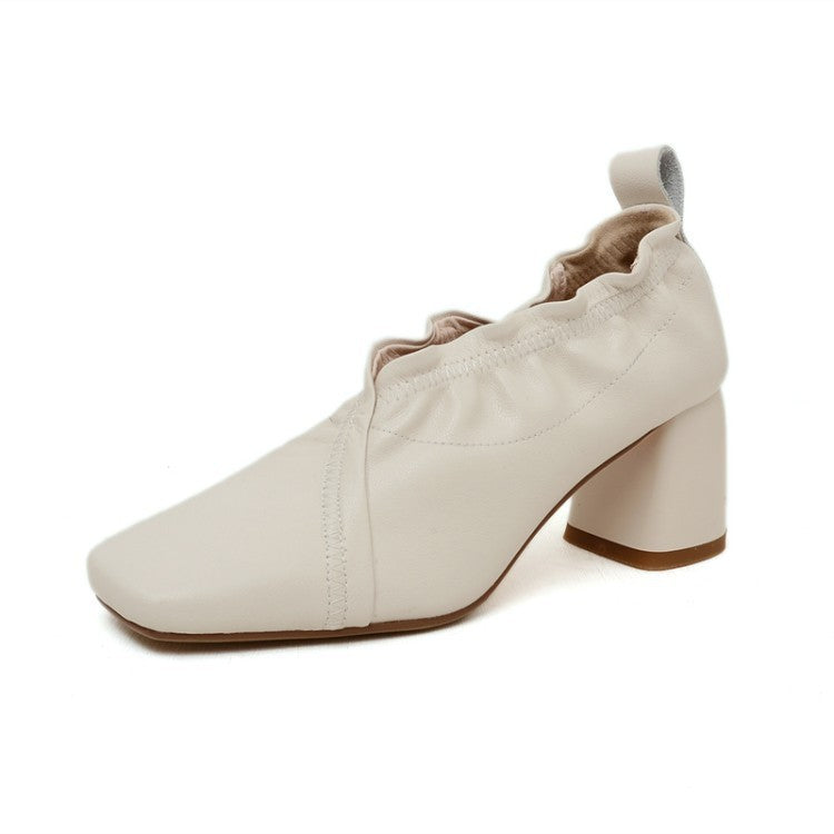 Inside And Outside All Women's Shoes Thick Heel Square Toe Elastic Deep-mouth Single Shoes