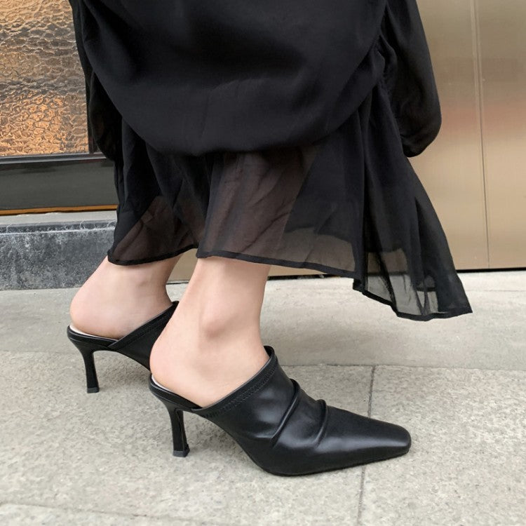 Cowhide Closed Toe Pleated Thin Heel Shoes