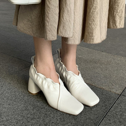 Inside And Outside All Women's Shoes Thick Heel Square Toe Elastic Deep-mouth Single Shoes